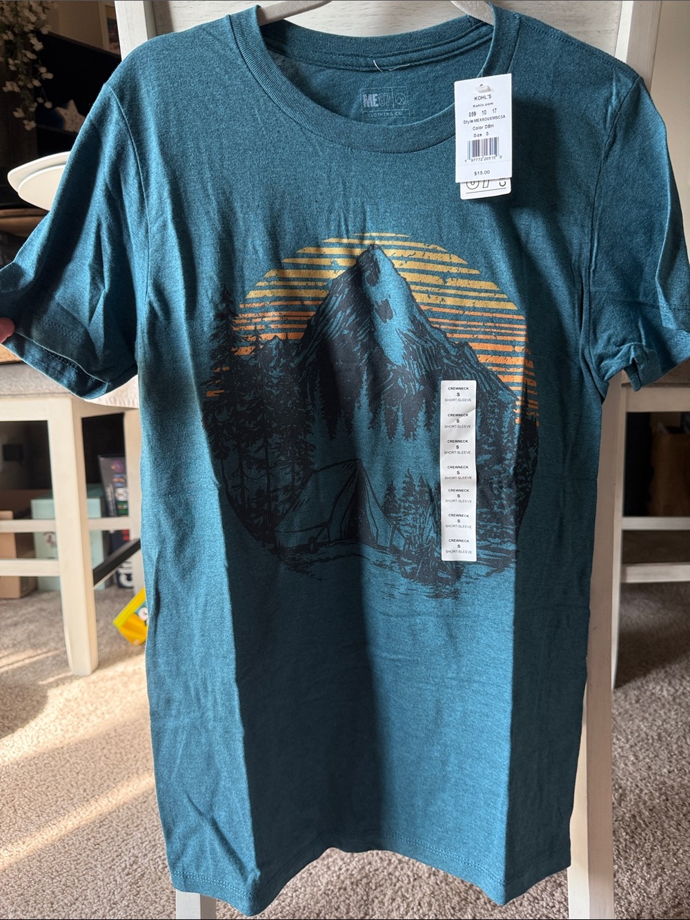 Graphic Mountain Tee in Teal with Sunset Print